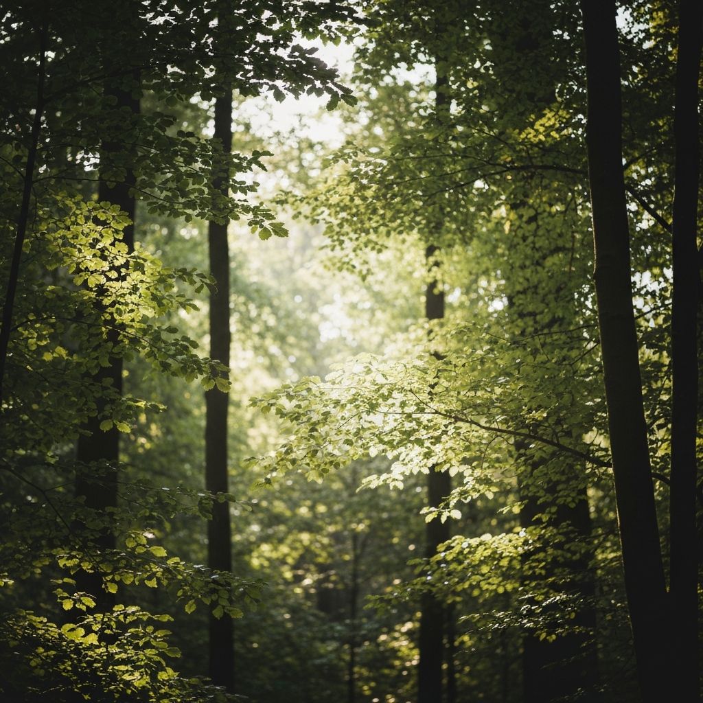 Luz solar filtrándose a través de las hojas del bosque