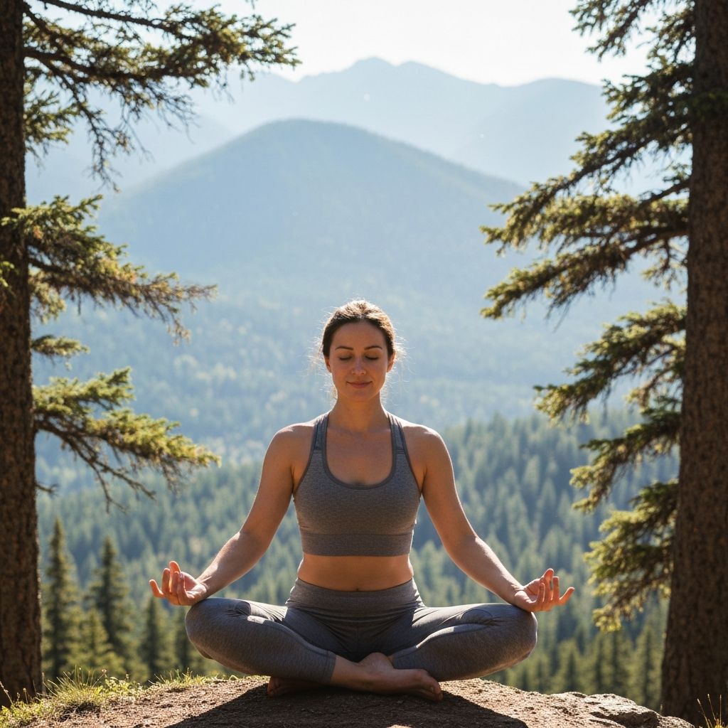 Persona en postura de meditación rodeada de montañas y árboles